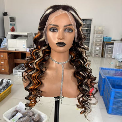 blonde yellow Highlight Loose Wave Glueless Lace Wig Human Hair for African American