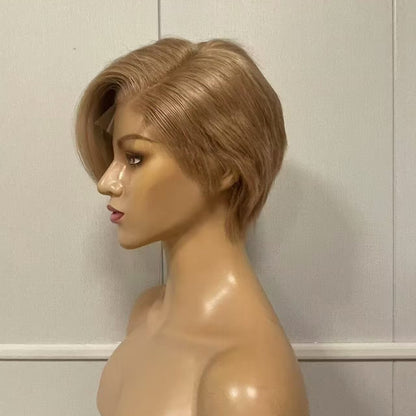 Light Brown Pixie Cut Human Hair Straight Wig Lace frontal for African American