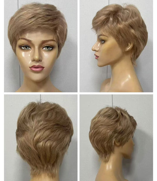 Light Brown Pixie Cut Human Hair Wig Lace frontal 