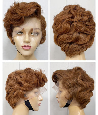 Dark Brown Pixie Cut Human Hair Deep Wave Wig Lace frontal for African American