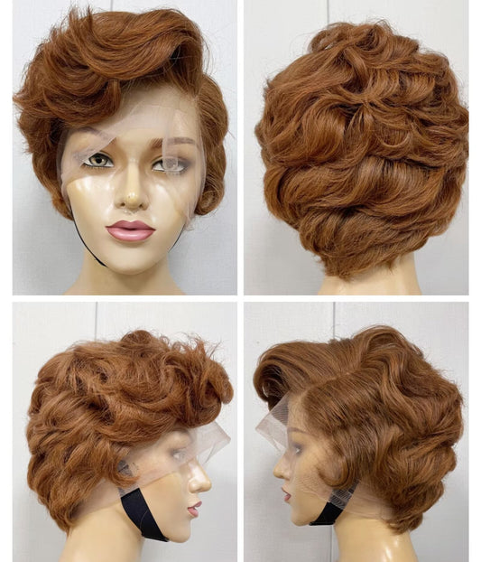 Dark Brown Pixie Cut Human Hair Deep Wave Wig Lace frontal for African American