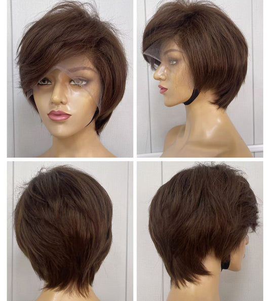 Dark Brown Straight Pixie Cut Human Hair Wig Lace frontal for African American