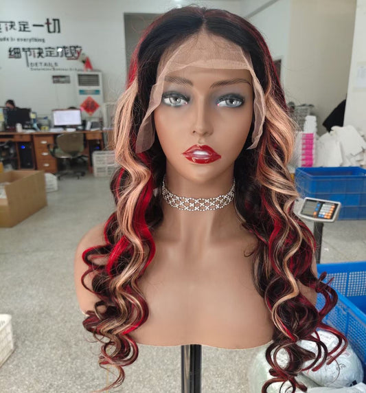 Red Highlight Loose Wave Glueless Lace Wig Human Hair for African American