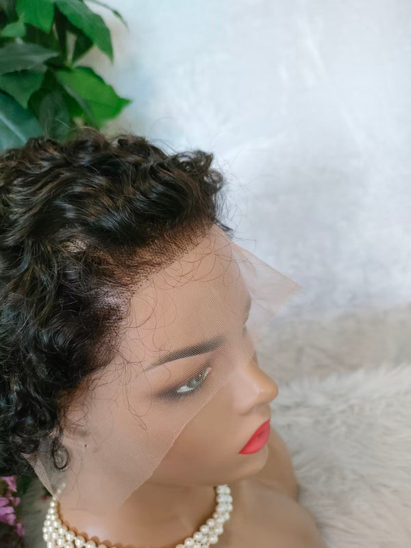 Black Curly Pixie Cut Lace Frontal Wigs 13x4  Side Part for African American