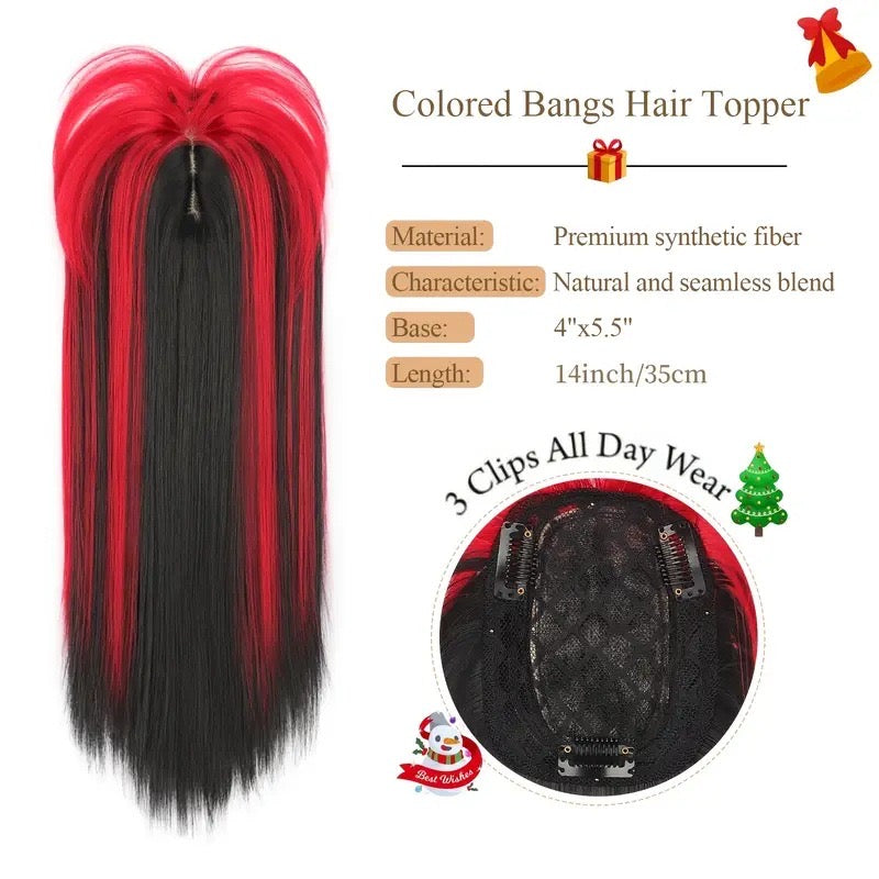 ombre red Hair Topper with Bangs Clip in Hairpiece for women Halloween Cosplay Theme Party Dating