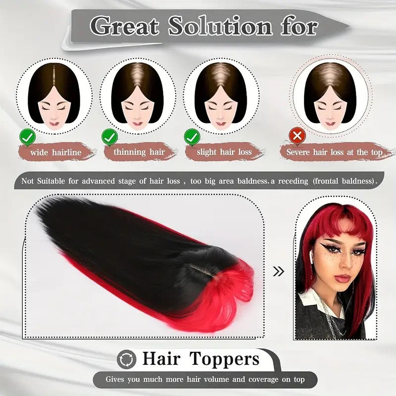 ombre red Hair Topper with Bangs Clip in Hairpiece for women Halloween Cosplay Theme Party Dating
