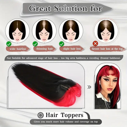 ombre red Hair Topper with Bangs Clip in Hairpiece for women Halloween Cosplay Theme Party Dating