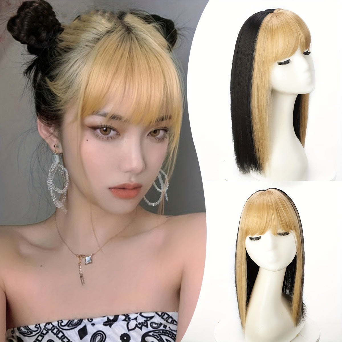 Ombre brown Hair Topper with Bangs Clip in Hairpiece for women Halloween Cosplay Theme Party Dating