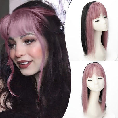 Ombre  pink  Hair Topper with Bangs Clip in Hairpiece for women Halloween Cosplay Theme Party Dating