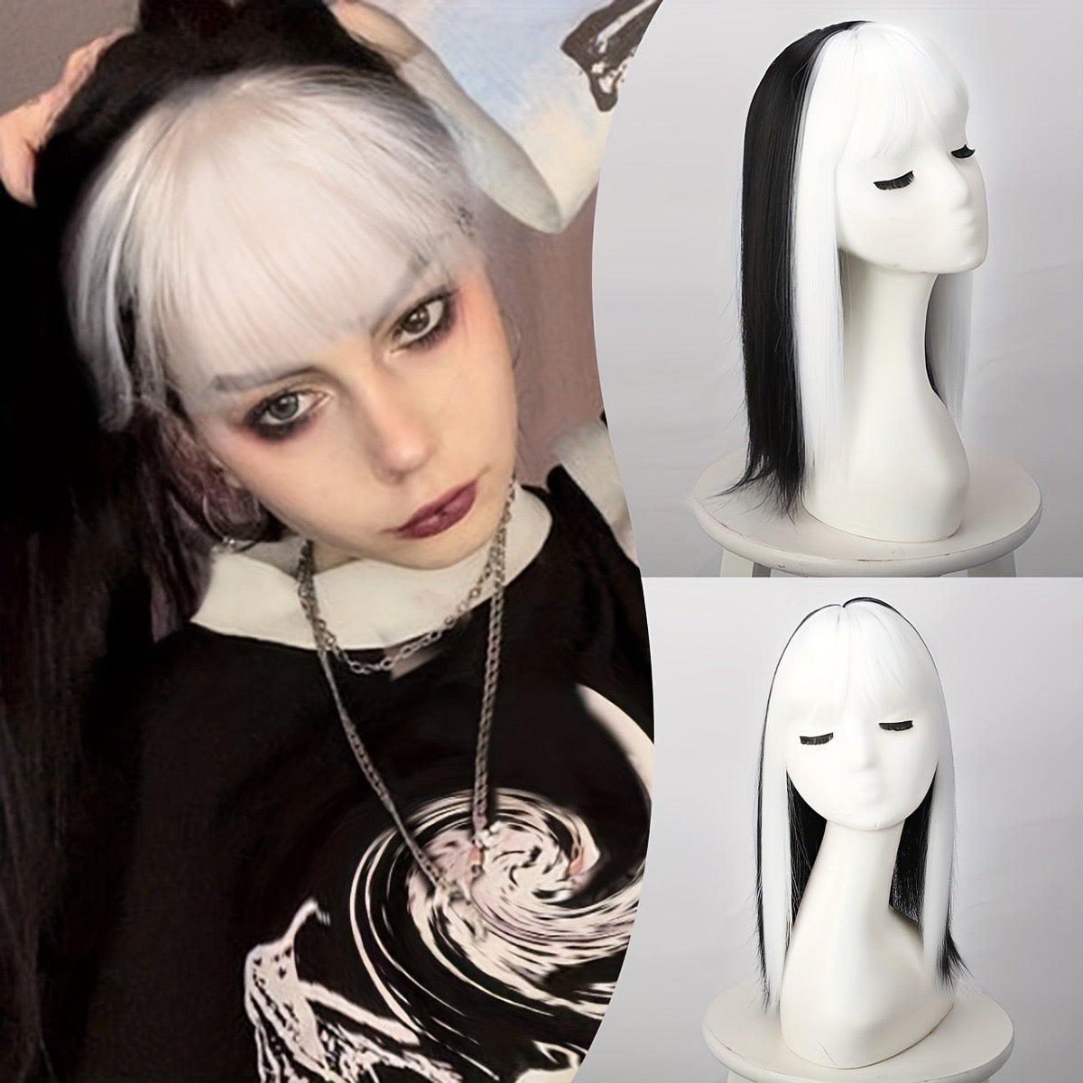 Ombre  white Hair Topper with Bangs Clip in Hairpiece for women Halloween Cosplay Theme Party Dating