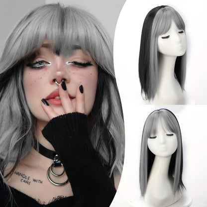 Ombre  grey Hair Topper with Bangs Clip in Hairpiece for women Halloween Cosplay Theme Party Dating