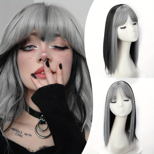 Ombre  grey Hair Topper with Bangs Clip in Hairpiece for women Halloween Cosplay Theme Party Dating