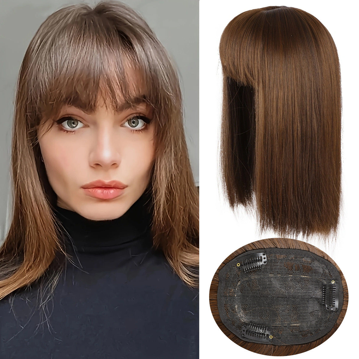 dark brown Hair Topper with Bangs Clip in Hairpiece for women Halloween Cosplay Theme Party Dating