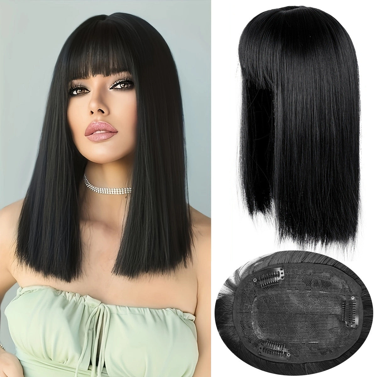 black Hair Topper with Bangs Clip in Hairpiece for women Halloween Cosplay Theme Party Dating
