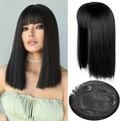black Hair Topper with Bangs Clip in Hairpiece for women Halloween Cosplay Theme Party Dating
