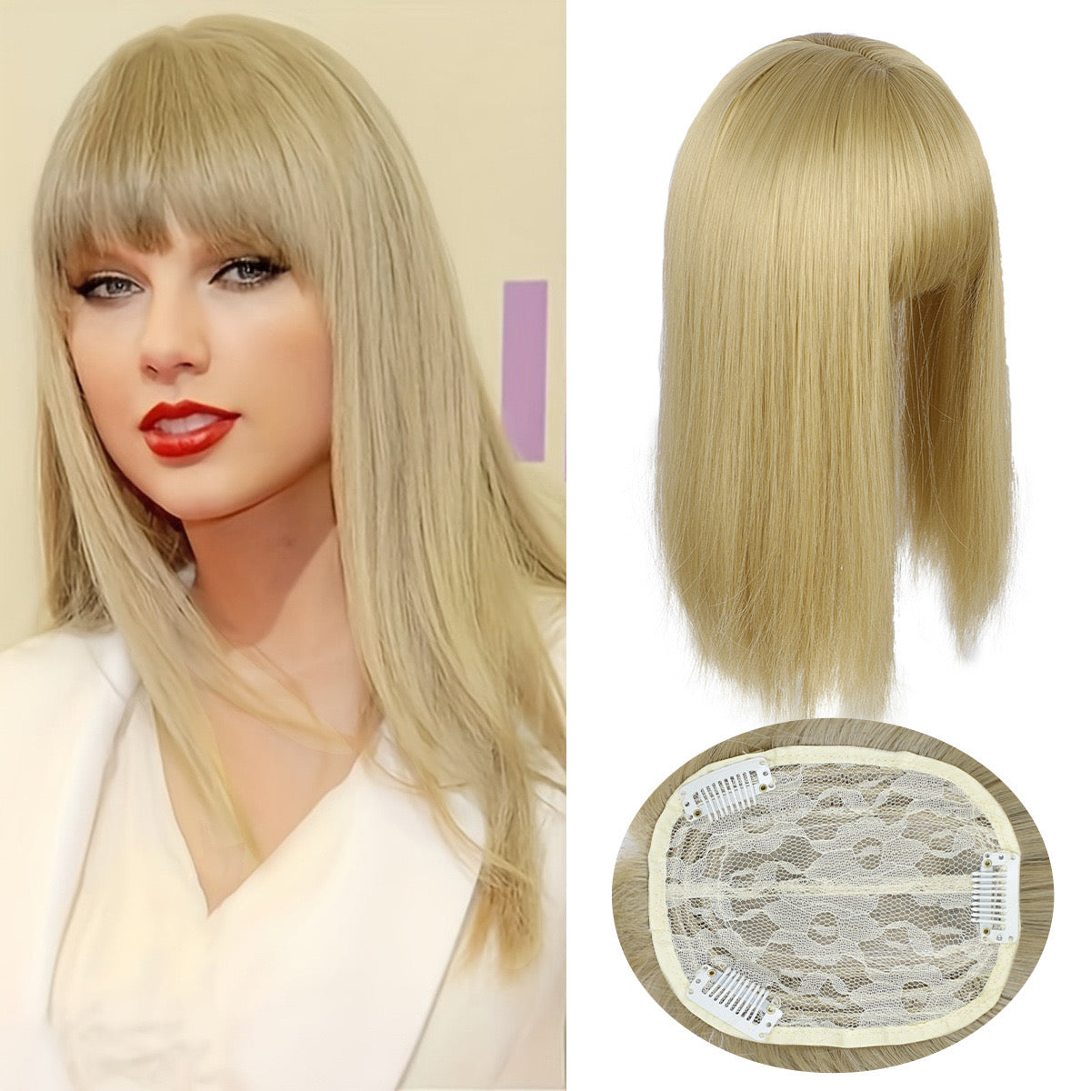 blonde Hair Topper with Bangs Clip in Hairpiece for women Halloween Cosplay Theme Party Dating