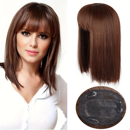 brown Hair Topper with Bangs Clip in Hairpiece for women Halloween Cosplay Theme Party Dating