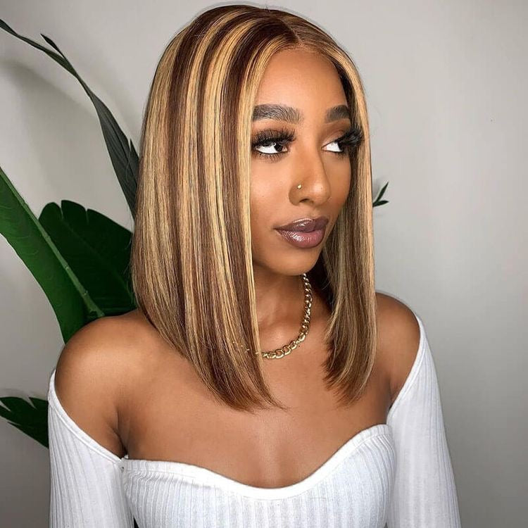 Blonde Highlight Brown Color Bob Wig Human Hair for African American-5