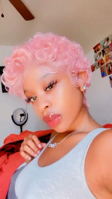 Pink Wave Pixie Cut Wig Human Hair Lace Front for Black Women