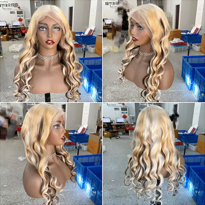 Blonde Loose Wave Wig with Brown Highlight Human Hair Lace Frontal for African American-4