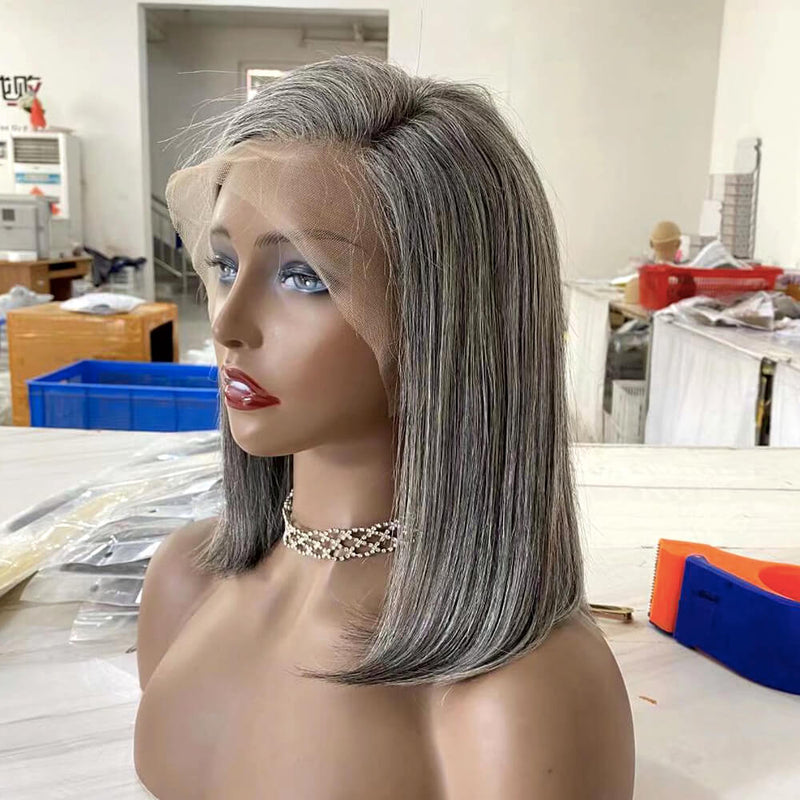 Grey Mix Color Human Hair Bob Wig Lace Frontal for African American-2