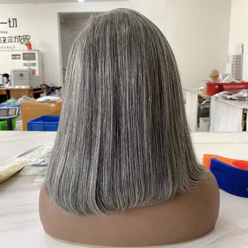 Grey Mix Color Human Hair Bob Wig Lace Frontal for African American-3