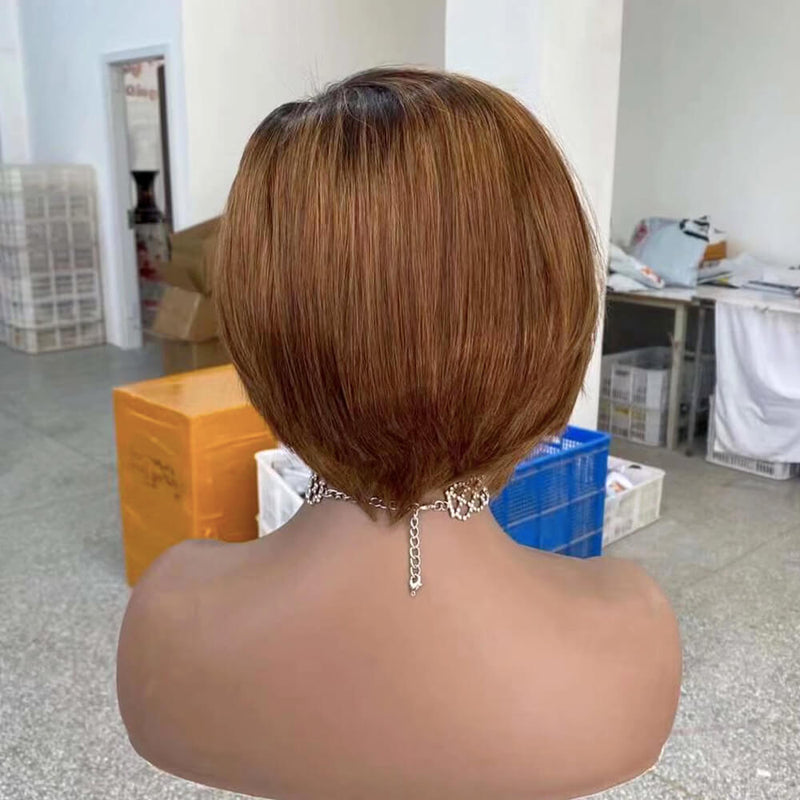 Brown Ombre Pixie Cut Wig with Side Bangs Human Hair for African American-4