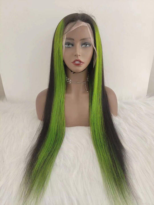 Green highlight Straight Human Hair Lace Wig Brazilian  Hair for African American-1