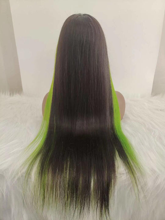 Green highlight Straight Human Hair Lace Wig Brazilian  Hair for African American-4