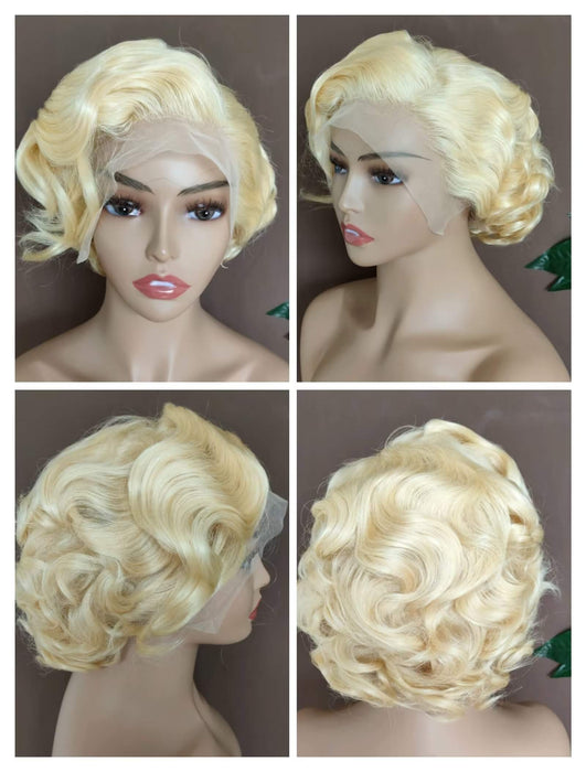 Curly Blonde Pixie Cut Lace Wig with Side Part Bangs Human Hair-all