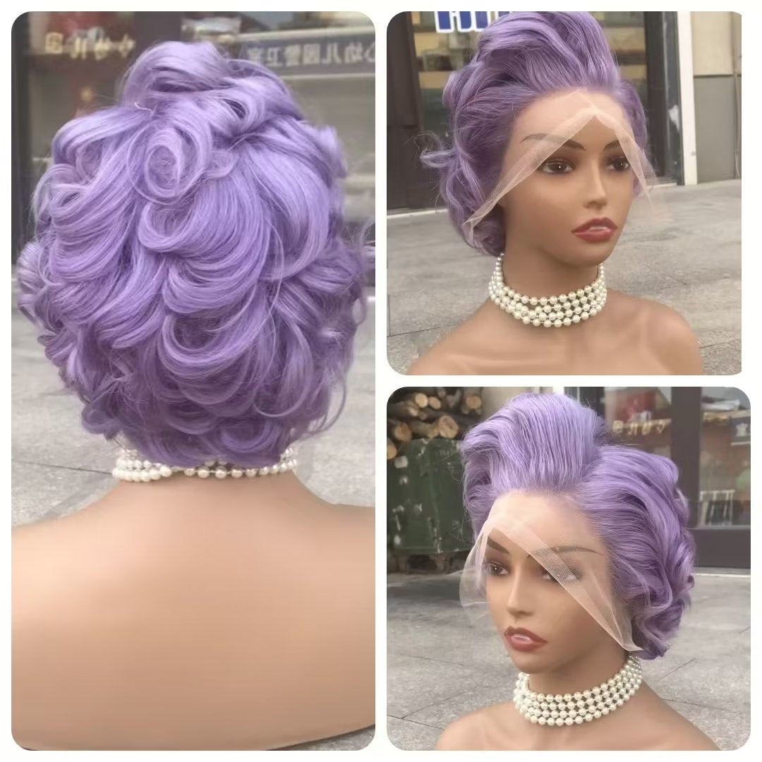 Purple Human Hair Pixie Cut Wig Lace Frontal 13x6 for African American-a