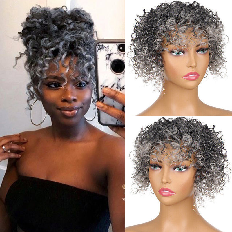 Short Kinky Curly Hair Toppers with Bangs Synthetic Wiglets Hair Pieces Clip in Afro Curly Bangs for Black Women with Thinning Hair Instant Volume and Style - #1B0906