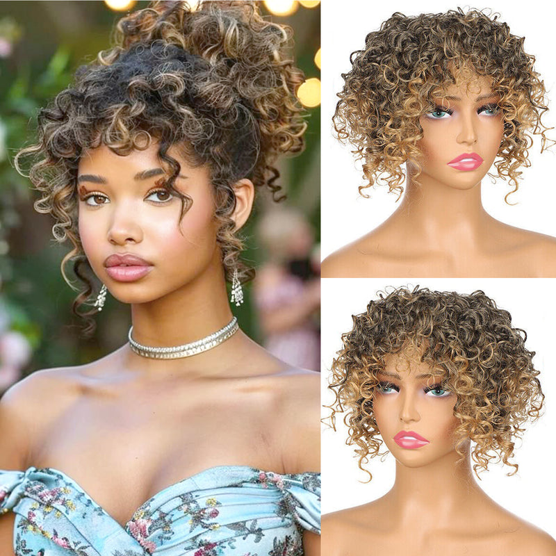 Short Kinky Curly Hair Toppers with Bangs Synthetic Wiglets Hair Pieces Clip in Afro Curly Bangs for Black Women with Thinning Hair Instant Volume and Style - #1B27