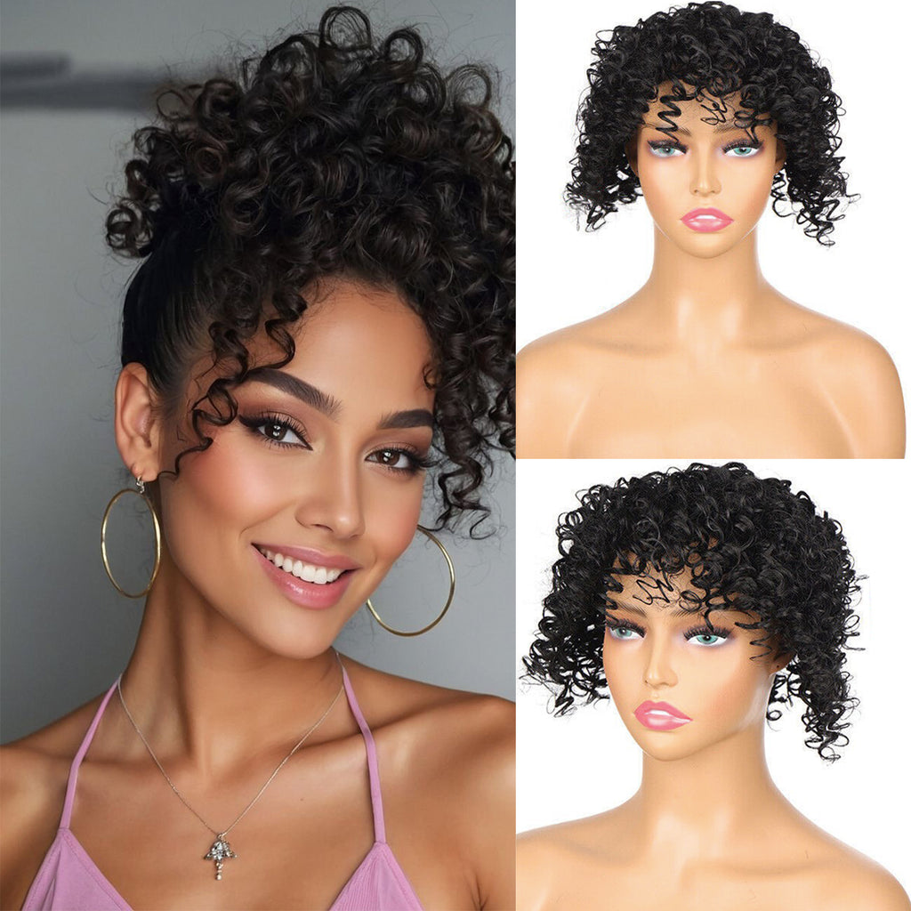 Short Kinky Curly Hair Toppers with Bangs Synthetic Wiglets Hair Pieces Clip in Afro Curly Bangs for Black Women with Thinning Hair Instant Volume and Style