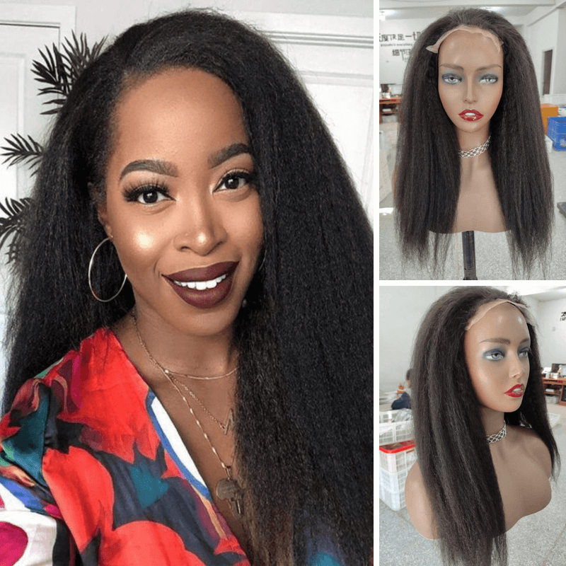 Black Kinky Straight Lace Closure Wig 4x4 Human Hair for African American-main