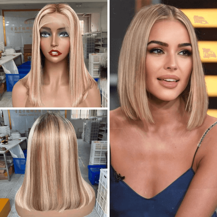 Blonde Bob Wig with Brown Highlight Human Hair Lace Frontal for African American-main