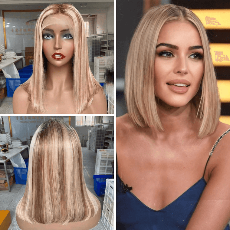 Blonde Bob Wig with Brown Highlight Human Hair Lace Frontal for African American