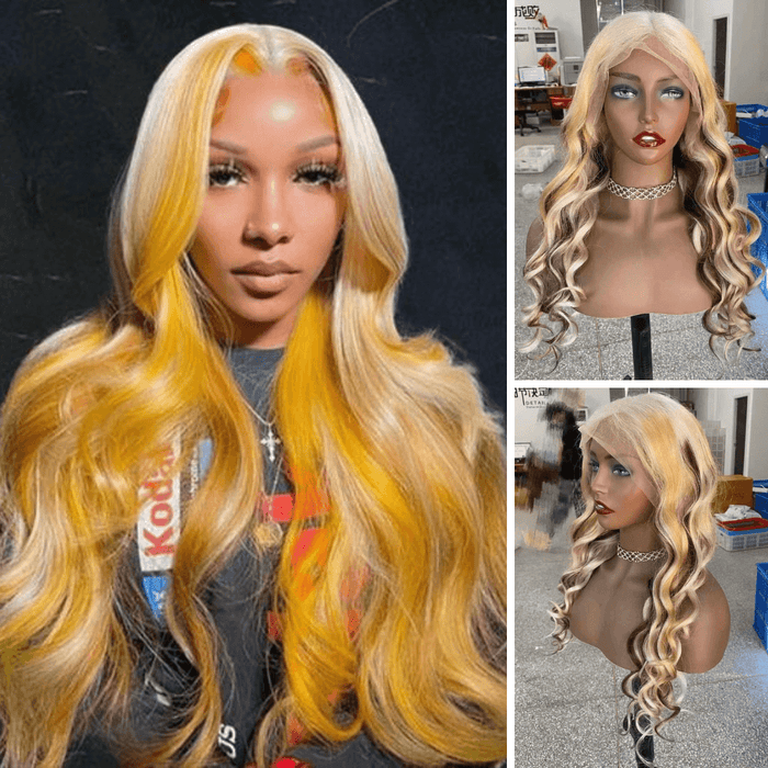 Blonde Loose Wave Wig with Brown Highlight Human Hair Lace Frontal for African American-main