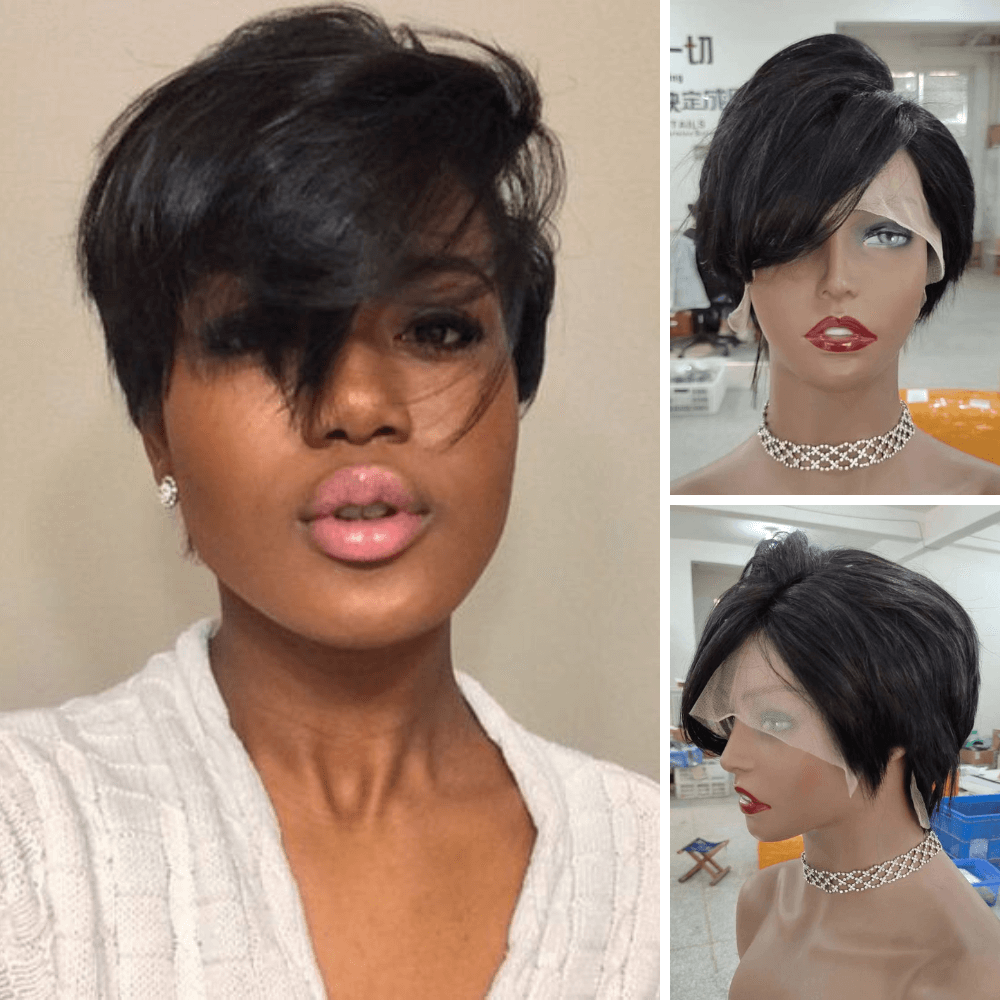Straight Pixie Cut Wig with Long Bangs Human Hair Lace Frontal for African American