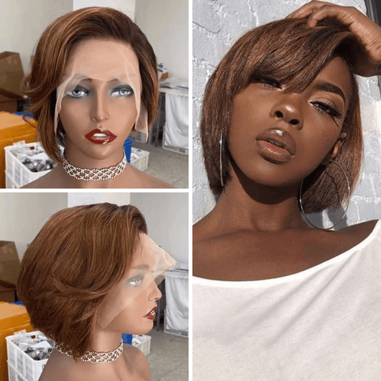 Brown Ombre Pixie Cut Wig with Side Bangs Human Hair for African American-main