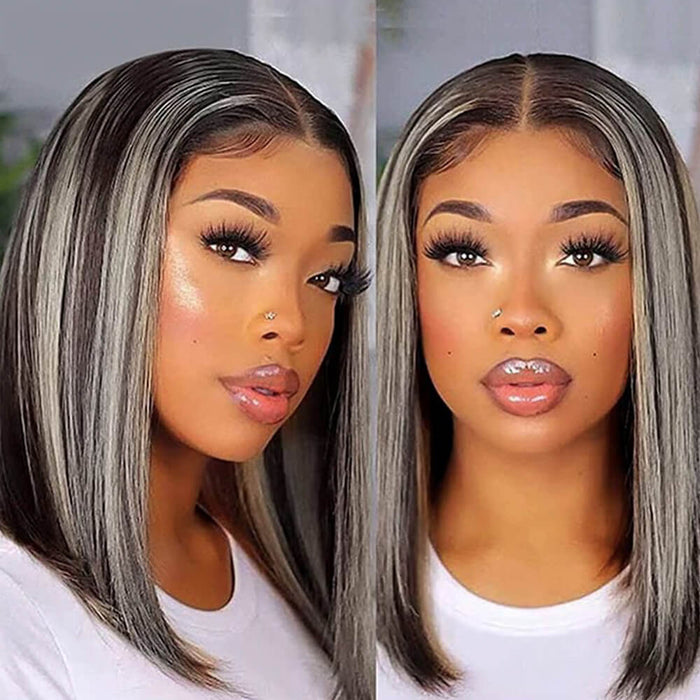 Grey Bob Wig with Blonde Highlight Brazilian Human Hair for African American-main