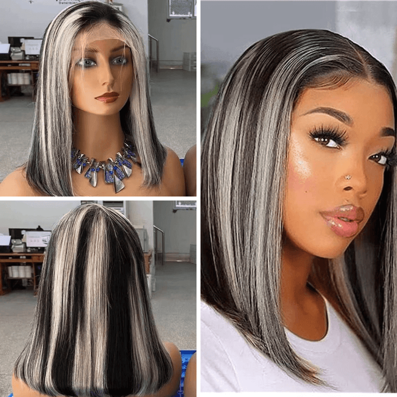 Grey Bob Wig with Blonde Highlight Brazilian Human Hair for African American