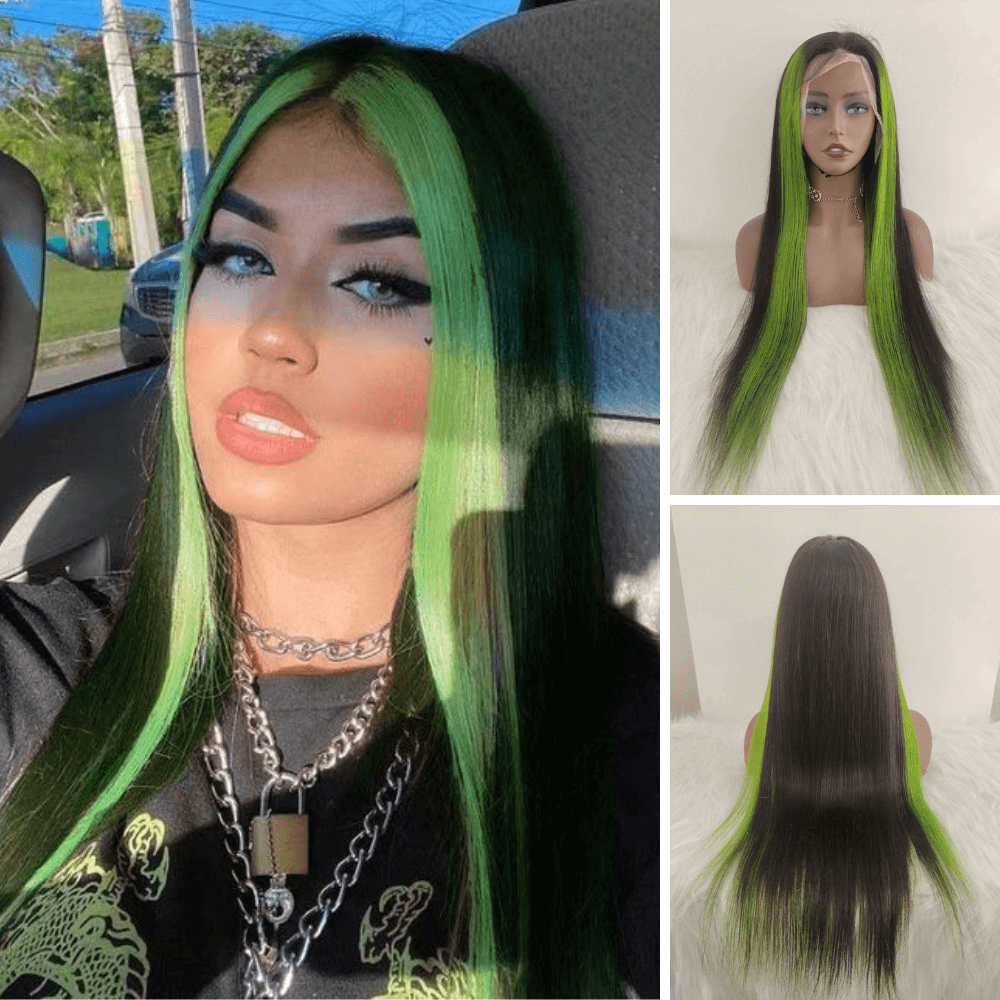 Green highlight Straight Human Hair Lace Wig Brazilian Hair for African American