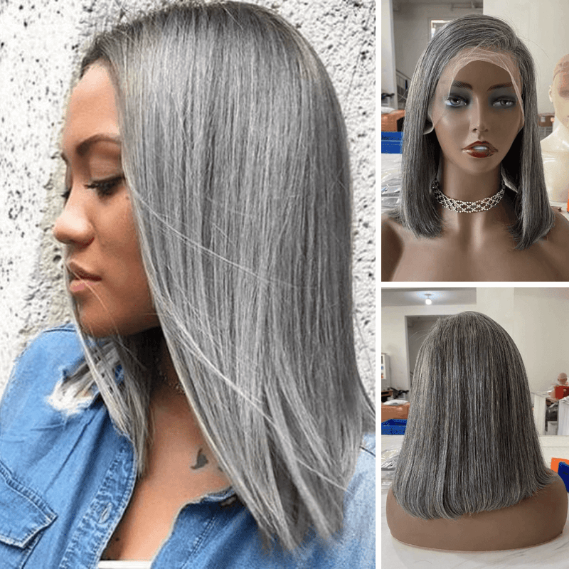 Grey Mix Color Human Hair Bob Wig Lace Frontal for African American-main