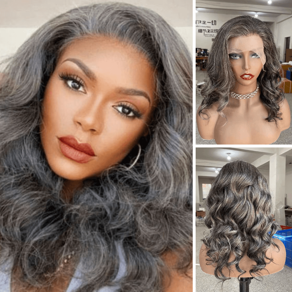 Grey Mix Color Human Hair Loose Wave Wig Lace Frontal for African American-main