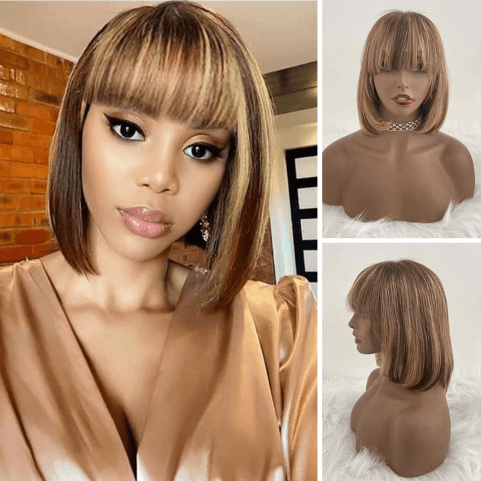 Short Brown Highlight Bob Wig with Bangs Human Hair Lace Frontal for African American-main