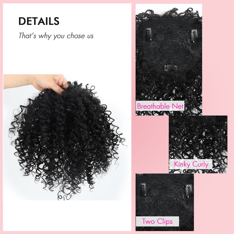 Afro Kinky Curly Hair Topper for Men and Women – Ultra-Natural Soft Clip-In Synthetic Curly Bangs & Wiglets-#1B-details