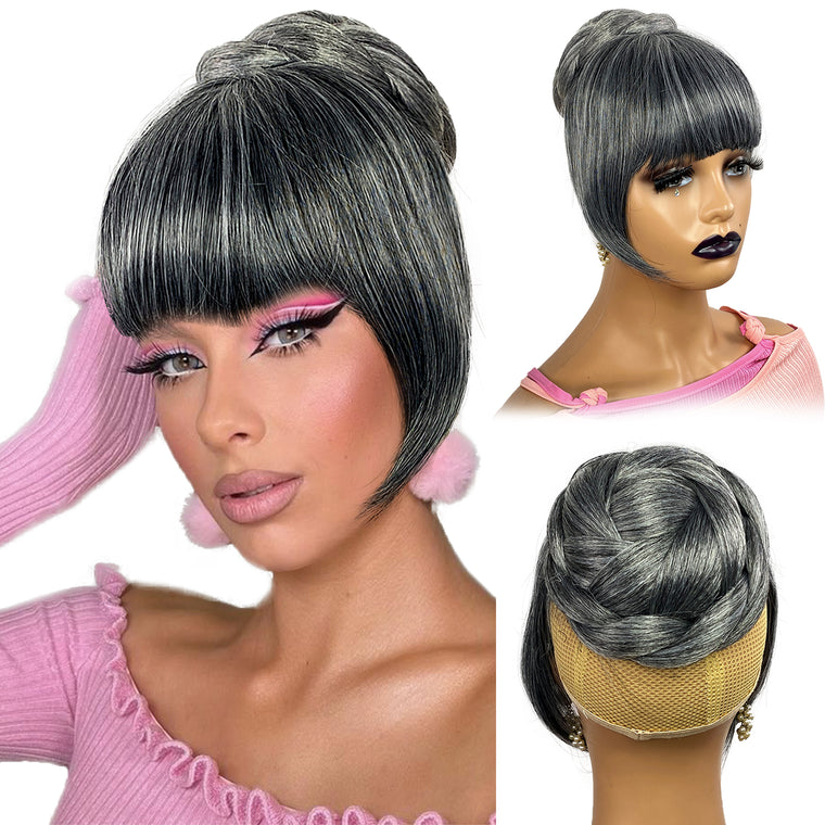 Gray Color French Bang with Bun Set 2PCS - Salt and Pepper Grey Clip in Bangs with Twist Braided Bun Synthetic Hairpiece for Black Women