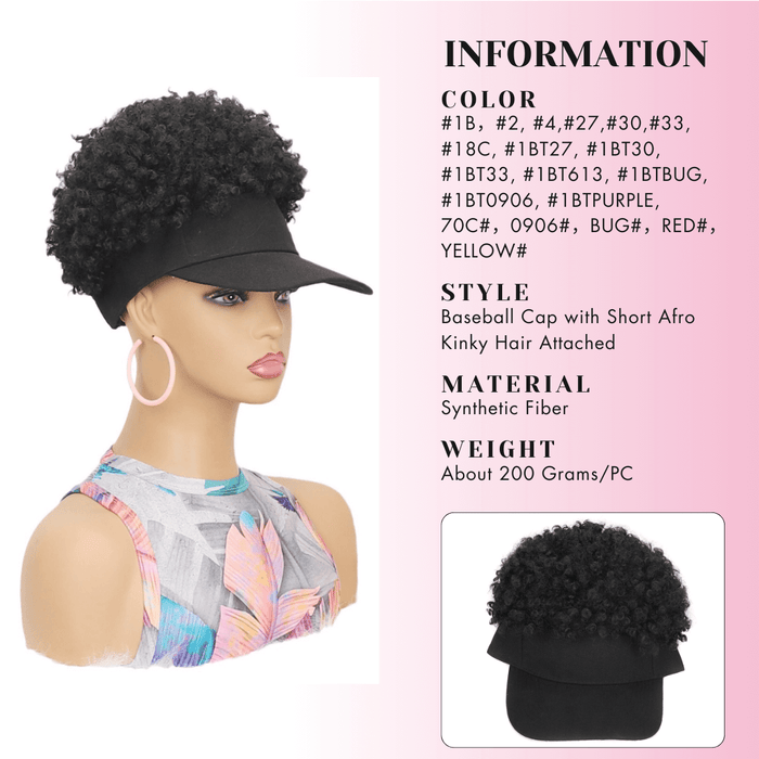 Black Baseball Cap with Short Afro Kinky Hair Attached-INFORMATION