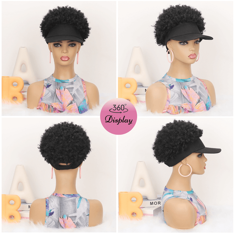 Black Baseball Cap with Short Afro Kinky Hair Attached-Display